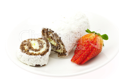 sweet rolls and strawberries isolated on white