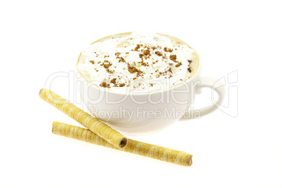 a cup of cappuccino and wafer rolls isolated on white