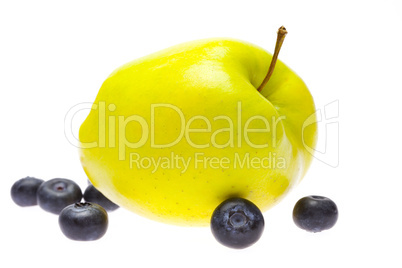 green apple and blueberry isolated on white