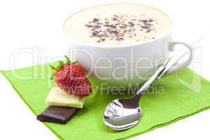 cappuccino with chocolate and strawberries isolated on white