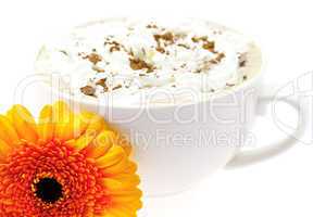 cappuccino with orange flower is isolated in white