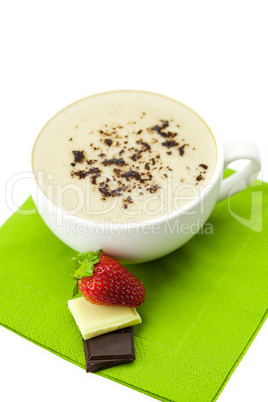 cappuccino with chocolate and strawberries isolated on white