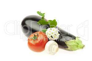 eggplant flower and mushrooms isolated on white