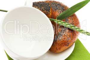 bread with poppy white cup and spike isolated on white