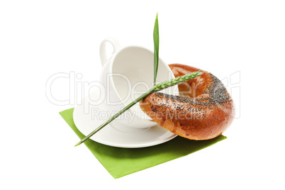 bread with poppy white cup and spike isolated on white