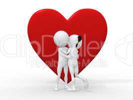 Beautiful 3d love couple embracing against a big red heart on wh