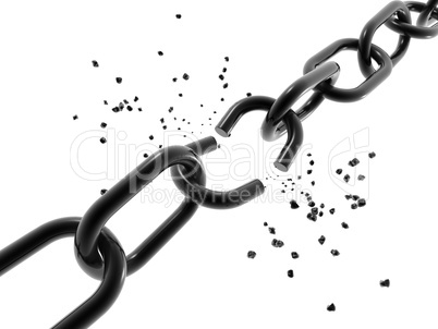 A computer generated image of a chain with a broken link.