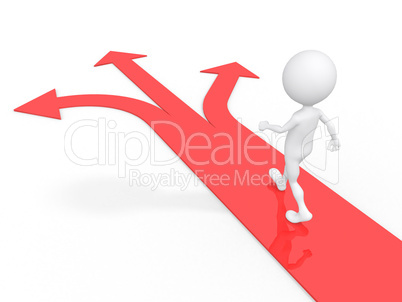 3d man with multiple arrow paths isolated on white