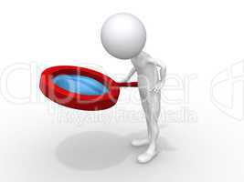 3d small people holds a magnifier. 3d image. Isolated white back