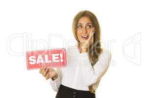Businesswoman holding sale card