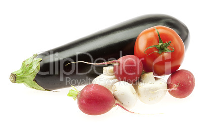 eggplant mushrooms radishes and tomatoes isolated on white