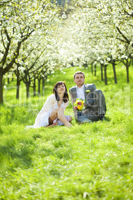 just married in a flowering garden