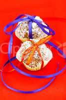 cookies tied with a ribbon on a red background