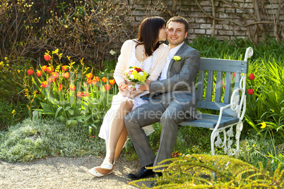 just  married sitting on the bench