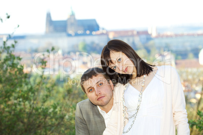 just  married  against the background of Prague
