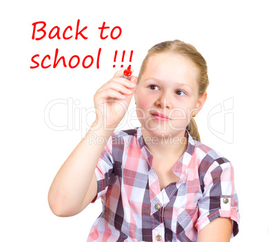 schoolgirl with red mrker in hand on white