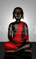 Schwarze Buddha Statue mit rotem Umhang