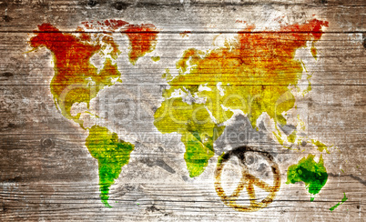 Holzschild - Rasta worldmap an peace symbol