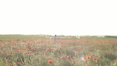 Young woman with white hat walking through red poppies field