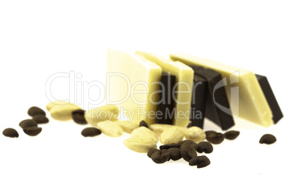 dark and white chocolate coffee beans and nuts, isolated on whit