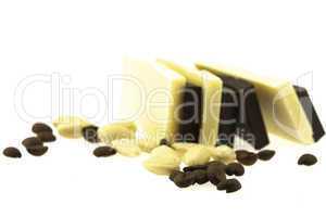 dark and white chocolate coffee beans and nuts, isolated on whit