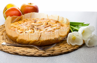 still life of apple pie, apples and tulips