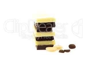 dark and white chocolate coffee beans and nuts, isolated on whit