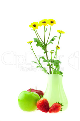 flowers in a vase  apples and strawberries isolated on white