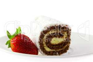 sweet rolls and strawberries lying on the saucer isolated on whi