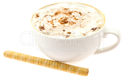 cup of cappuccino and wafer rolls isolated on white