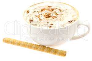 cup of cappuccino and wafer rolls isolated on white
