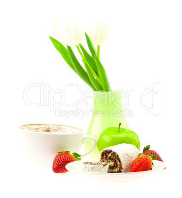 sweet rolls and strawberry on a saucer cup of cappuccino vase wi