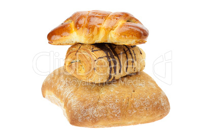 bread, roll with poppy seeds and roll with chocolate isolated on