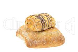 bread and roll with chocolate isolated on white