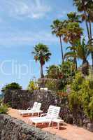 Sunbeds at the terrace of luxury hotel, Tenerife island, Spain