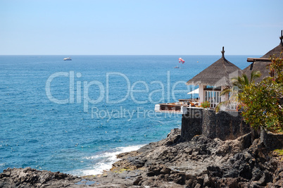 Open-air restaurant with a view on Atlantic Ocean, Tenerife isla