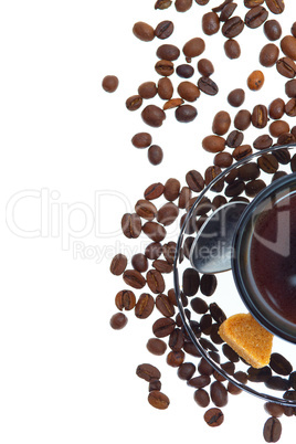 Closeup shot of italian espresso with coffe beans, brown sugar