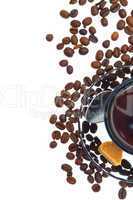 Closeup shot of italian espresso with coffe beans, brown sugar