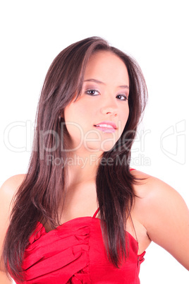 Sexy brunette girl in red dress in red