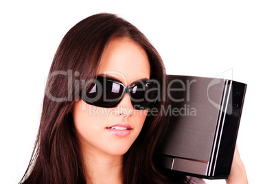 Pretty girl with modern MP3 stereo system on a white background
