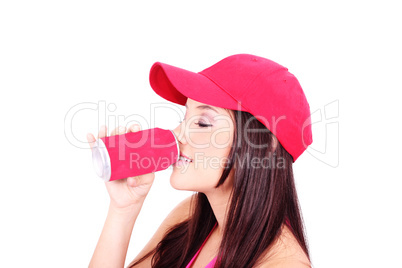 a woman drinking by aluminum