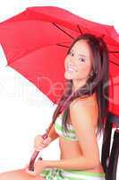 Beautiful young lady under a red umbrella isolated on white