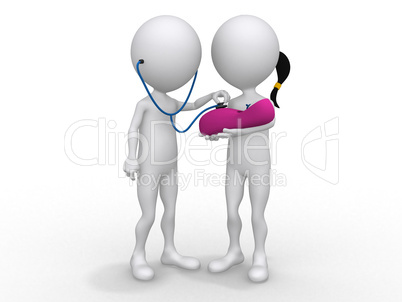 3D doctor with a baby in her mom hands - isolated over a white b