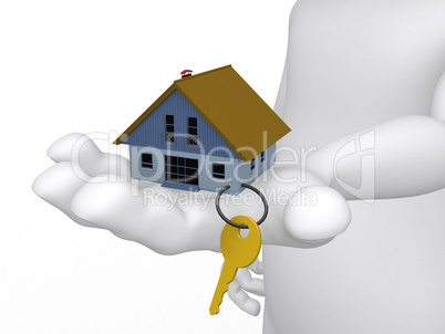 Concept of a hand holding a house and key in 3D