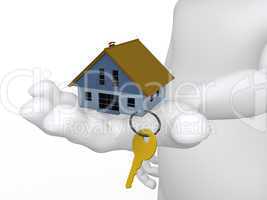 Concept of a hand holding a house and key in 3D