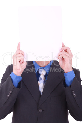 A businessman with a blank paper in his face isolated on white