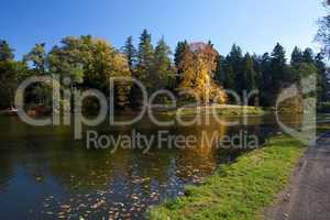 beautiful autumn landscape with colorful trees and a pond