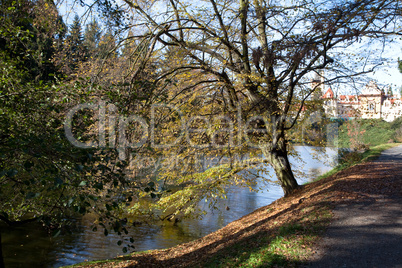 beautiful autumn landscape with colorful trees, a pond and a med