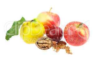 apple, quince and walnut isolated on white
