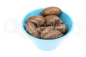 pecans in bowl isolated on white